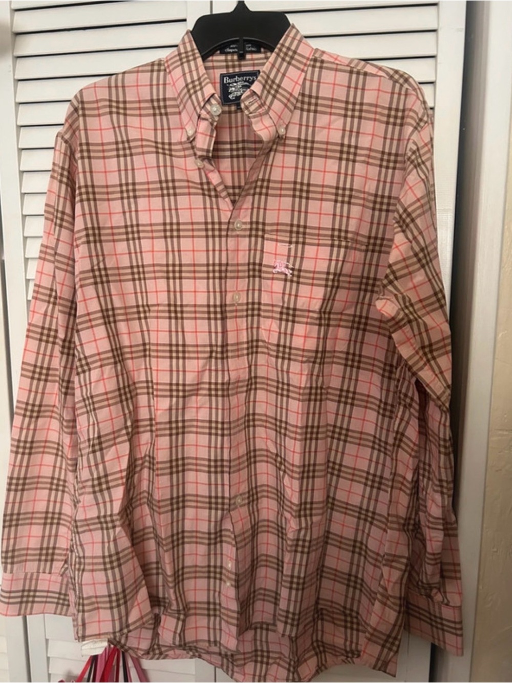 Burberry Men’s Pink and Brown Plaid Button-Down Shirt